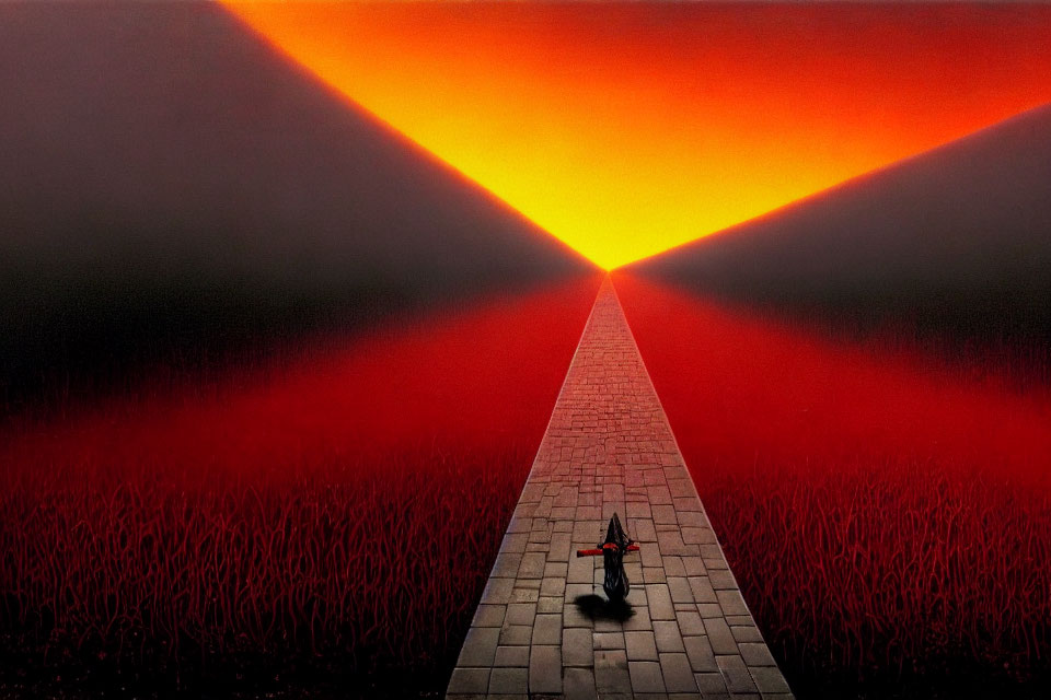 Vivid red horizon pathway with figure on bicycle in red grass