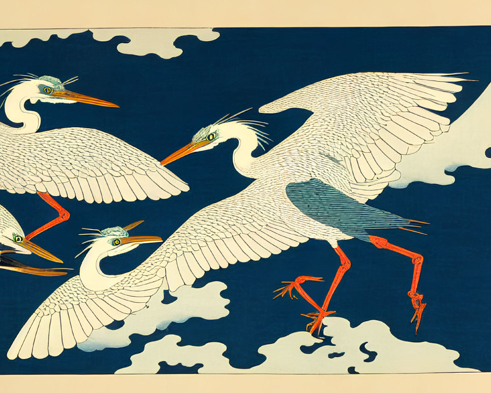 Traditional Japanese Art: Five Cranes in Flight on Blue Background