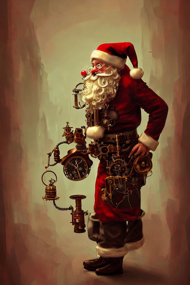 Steampunk-inspired Santa Claus with red suit and gadgets