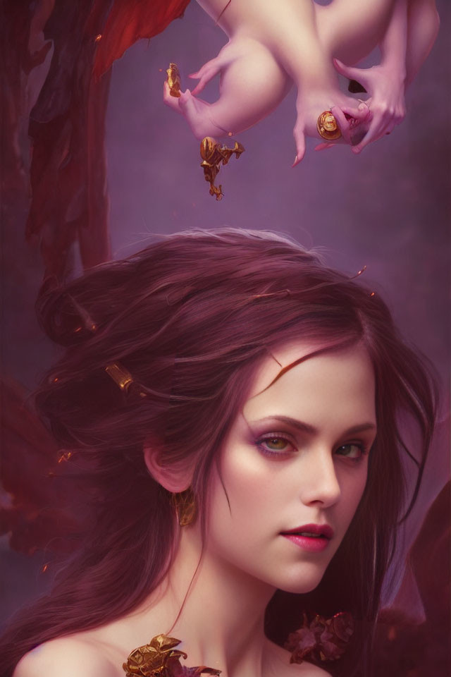 Dark-haired woman surrounded by ethereal creatures on purple background