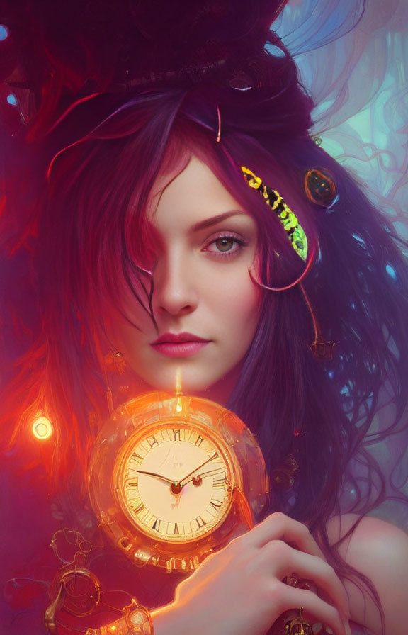Violet-haired woman with golden clock and mystical gaze