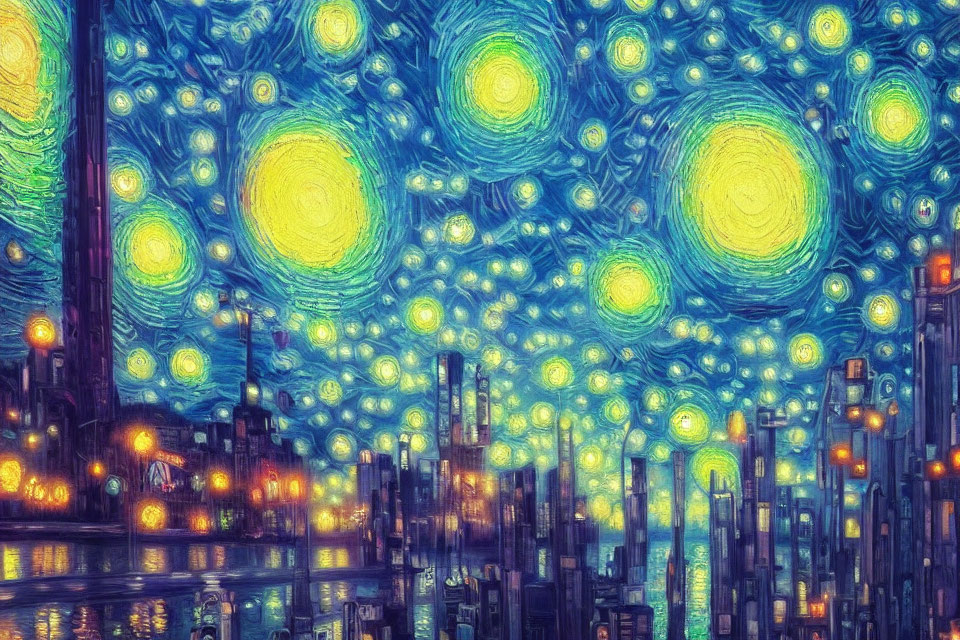 Starry Night Painting: Cityscape with Swirling Stars and Glowing Buildings