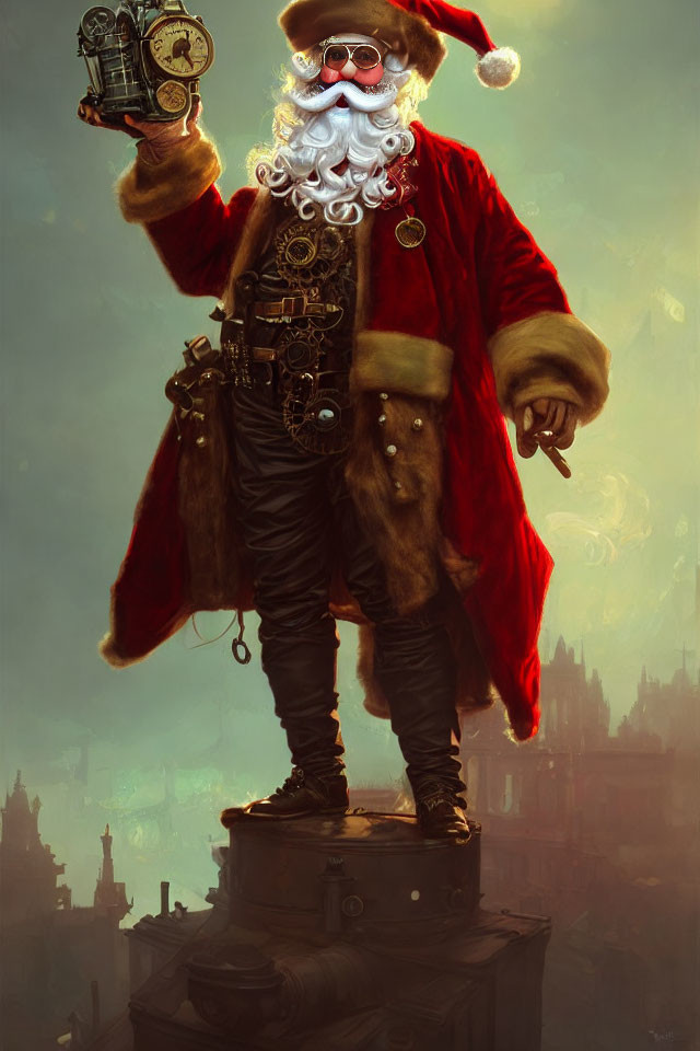 Steampunk-inspired Santa Claus with pocket watch in cityscape backdrop