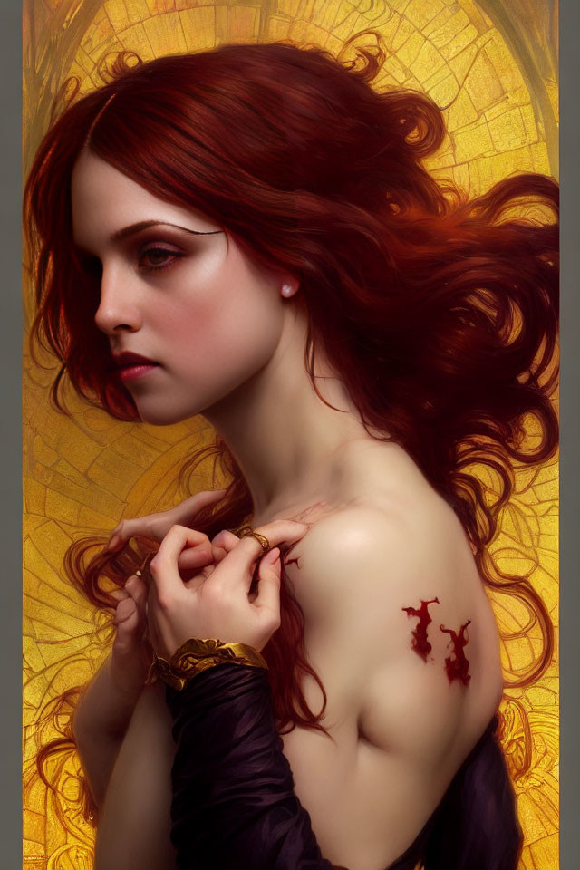 Red-haired woman with necklace and tattoo against golden halo background.