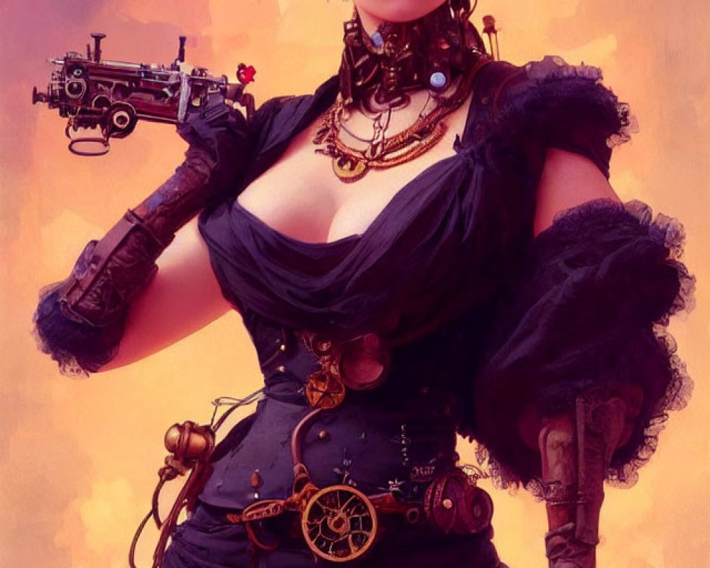Steampunk-themed woman with top hat, goggles, and mechanical arm holding a pistol