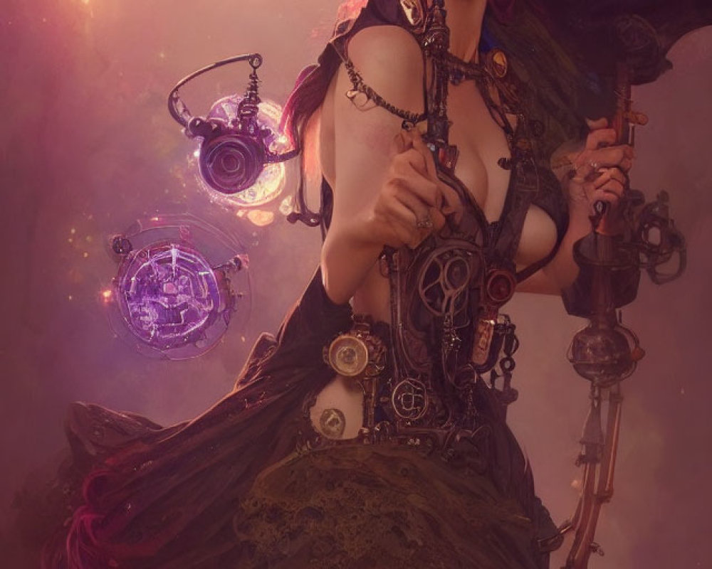 Mystical woman in earth-toned dress with steampunk orbs