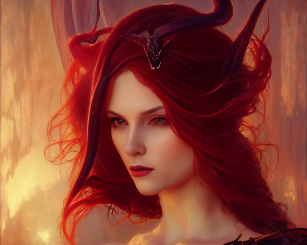 Digital Illustration: Woman with Red Hair and Horns in Mystical Aura