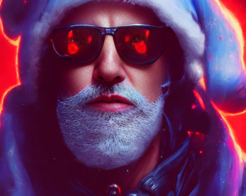 Futuristic Santa Claus with glowing red goggles and high-tech suit