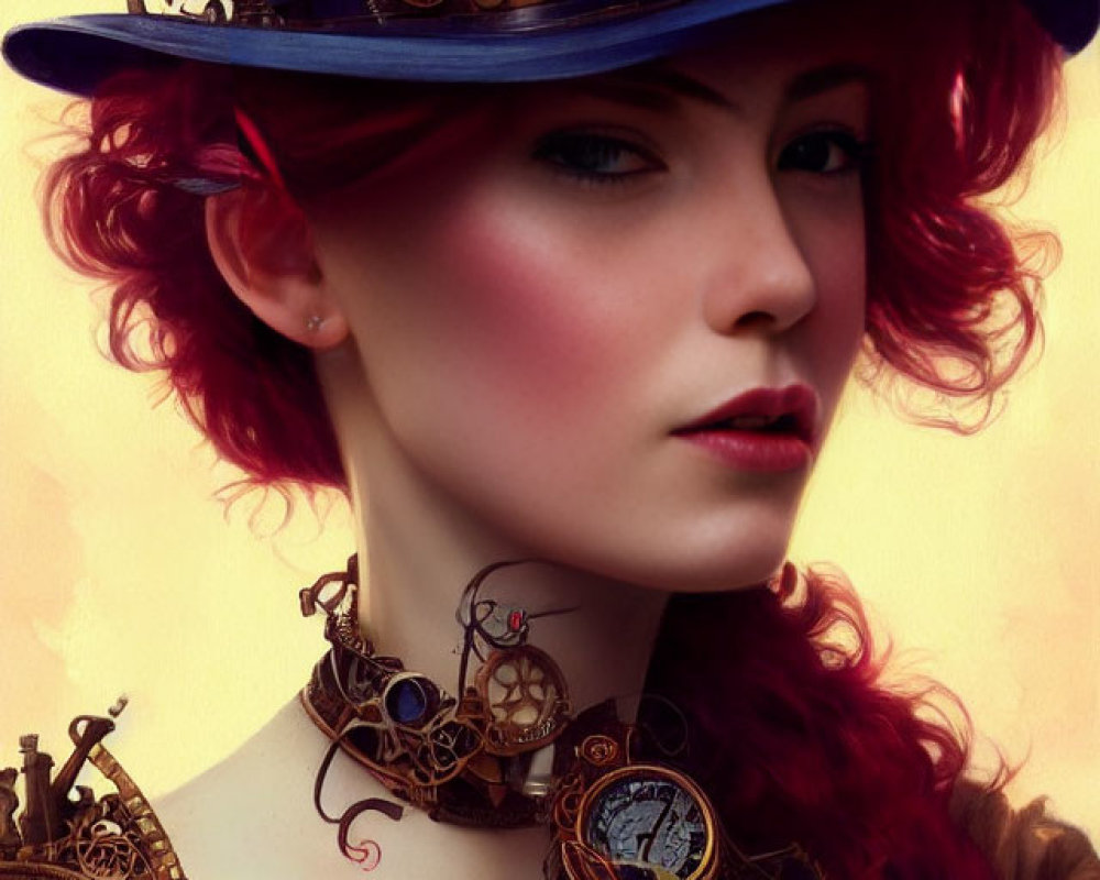 Vibrant red-haired woman in steampunk outfit with gear-adorned hat and mechanical dress