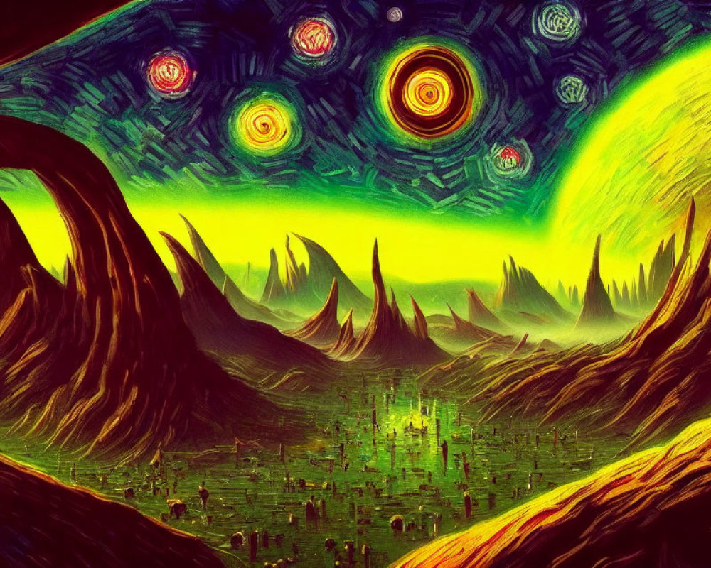 Surreal landscape with swirling skies over green alien city