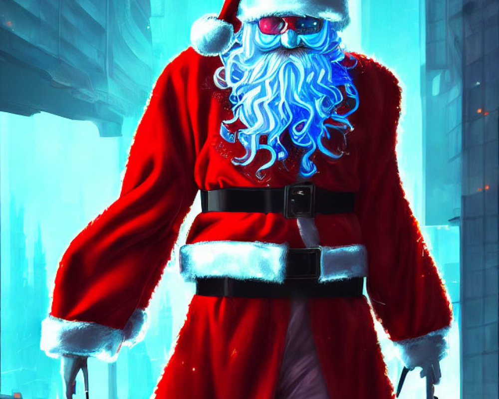 Futuristic Santa Claus with glowing blue beard in cyberpunk cityscape