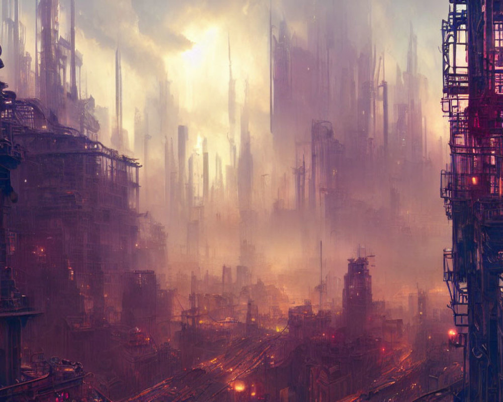 Futuristic cityscape with misty skyscrapers at sunrise or sunset