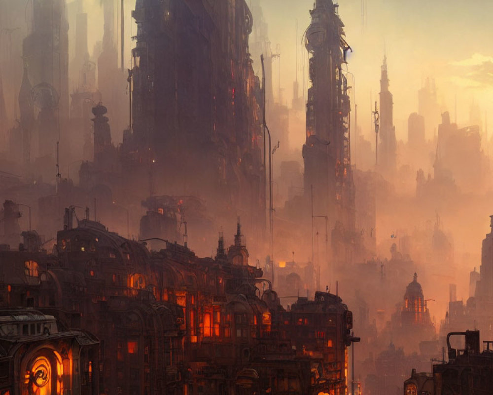Dystopian cityscape with futuristic buildings in smoggy dusk
