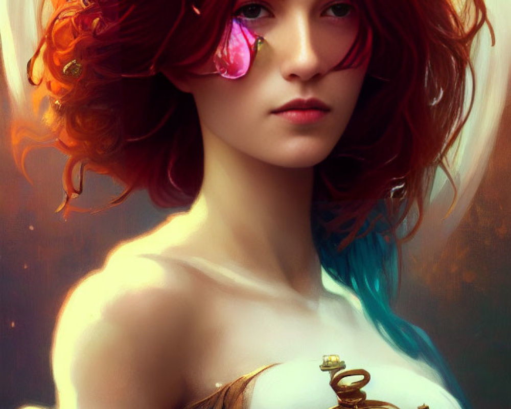 Mystical woman with fiery red hair, golden crown, pink flower, vintage gold pocket watch