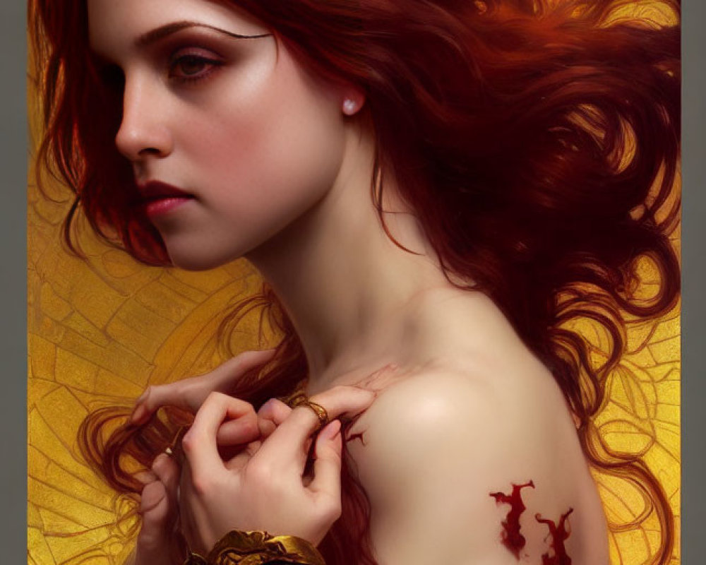 Red-haired woman with necklace and tattoo against golden halo background.