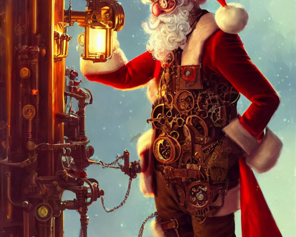 Santa Claus in Steampunk Outfit with Golden Lever and Snowy Scenery
