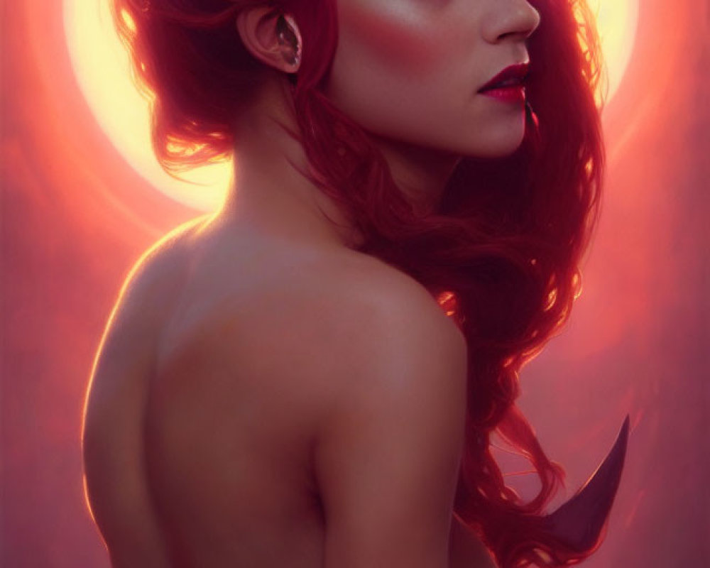 Fantasy digital art: Red-haired female figure with horns and mysterious gaze on crimson background