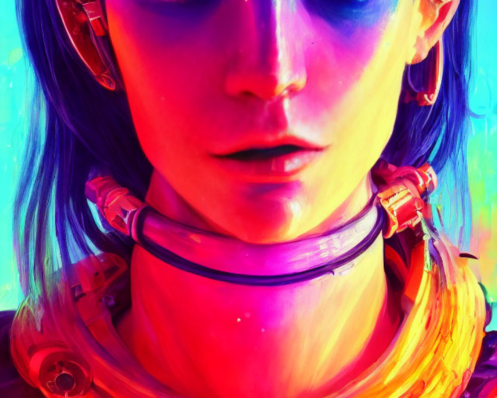 Vibrant futuristic female portrait with cybernetic enhancements and blue eyes