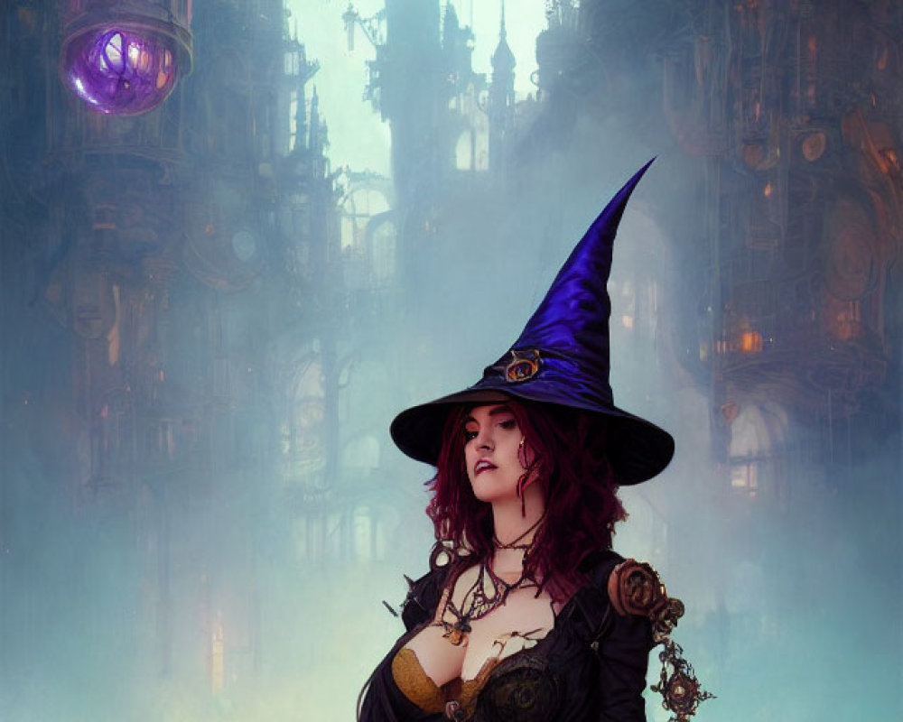 Steampunk woman in witch hat against gothic cityscape
