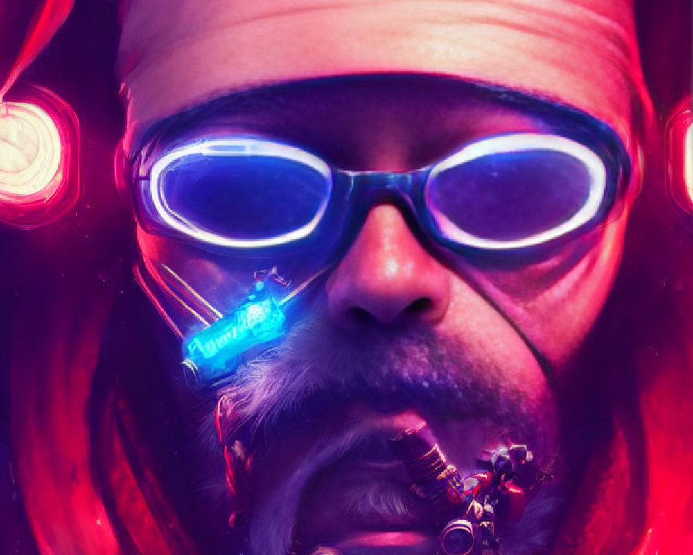 Futuristic person with glowing blue goggles in red and pink light