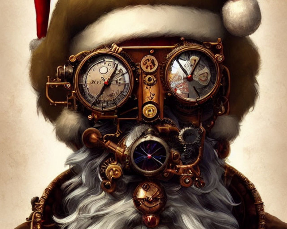 Steampunk Santa Claus with intricate goggles and mechanical accents