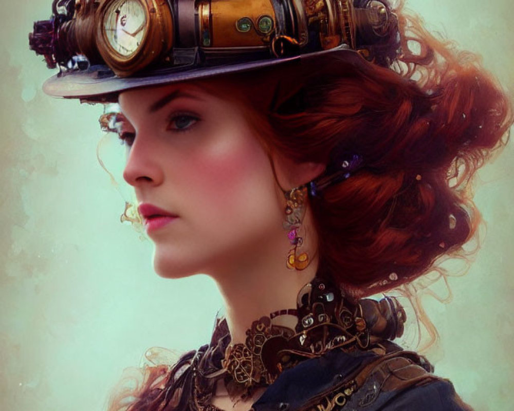 Steampunk-themed woman with gear hat and clockwork elements