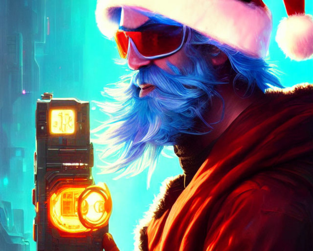 Blue-bearded Santa Claus with sci-fi blaster in neon-lit setting