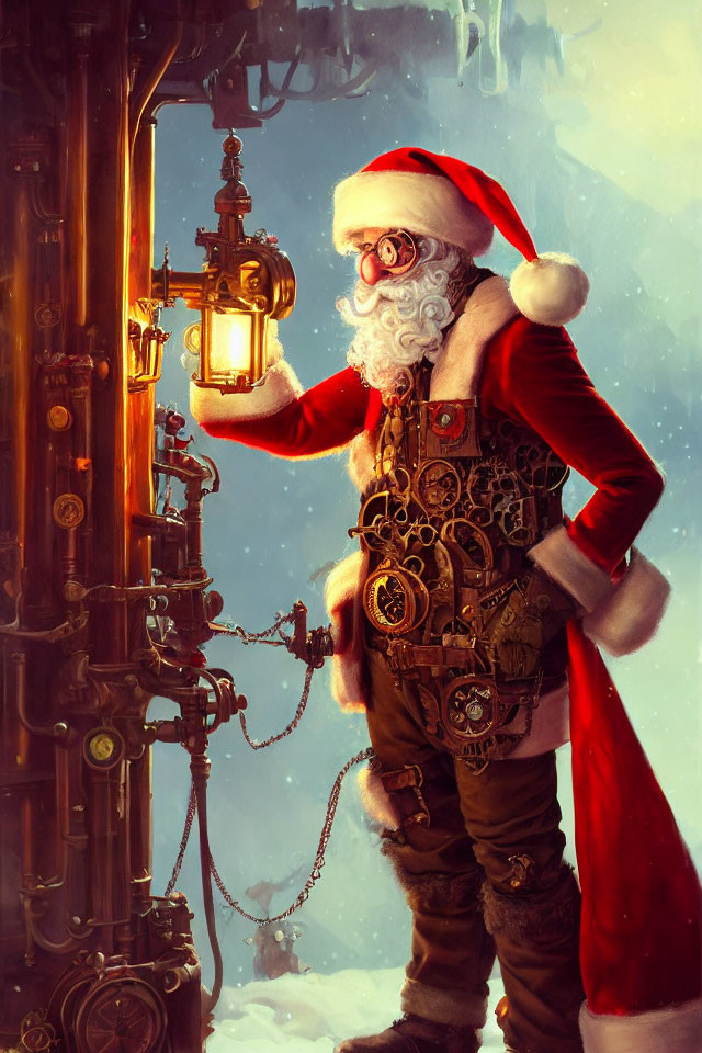 Santa Claus in Steampunk Outfit with Golden Lever and Snowy Scenery