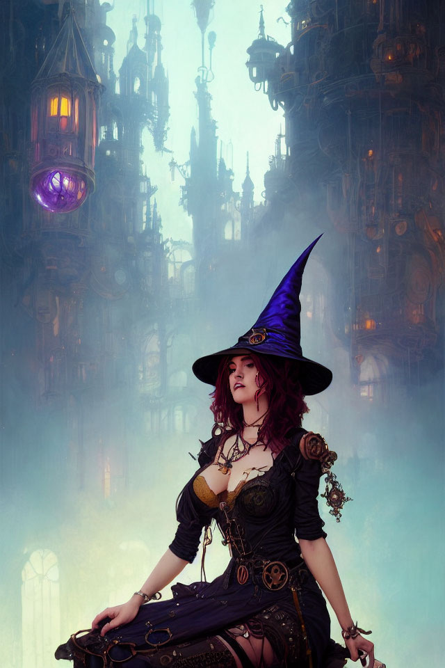 Steampunk woman in witch hat against gothic cityscape