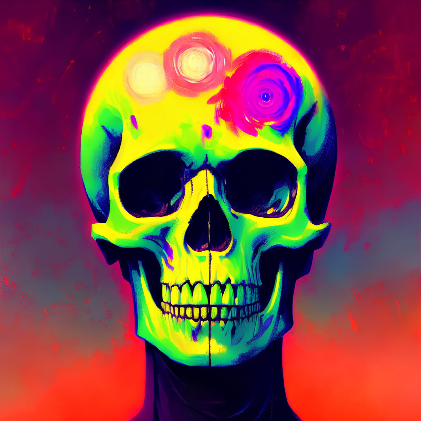 Colorful Skull Artwork with Neon Yellow and Purple Tones