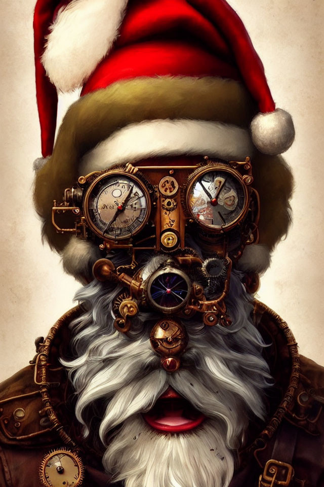 Steampunk Santa Claus with intricate goggles and mechanical accents