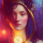 Violet-haired woman with golden clock and mystical gaze