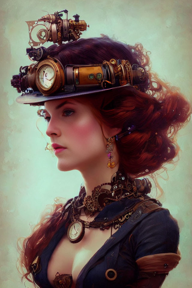 Steampunk-themed woman with gear hat and clockwork elements