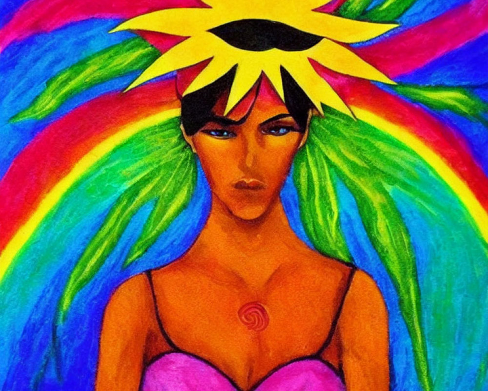 Colorful Illustration: Figure with Sunburst Halo, Rainbow Background, Dark Hair, Intense G