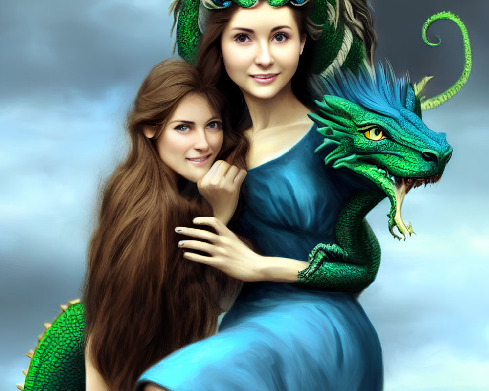 Digital artwork: Woman with long brown hair in blue dress with green dragon on shoulder