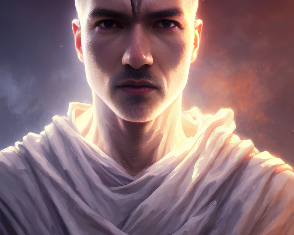 Bald person in white cloak with sword hilt against fiery cosmic background