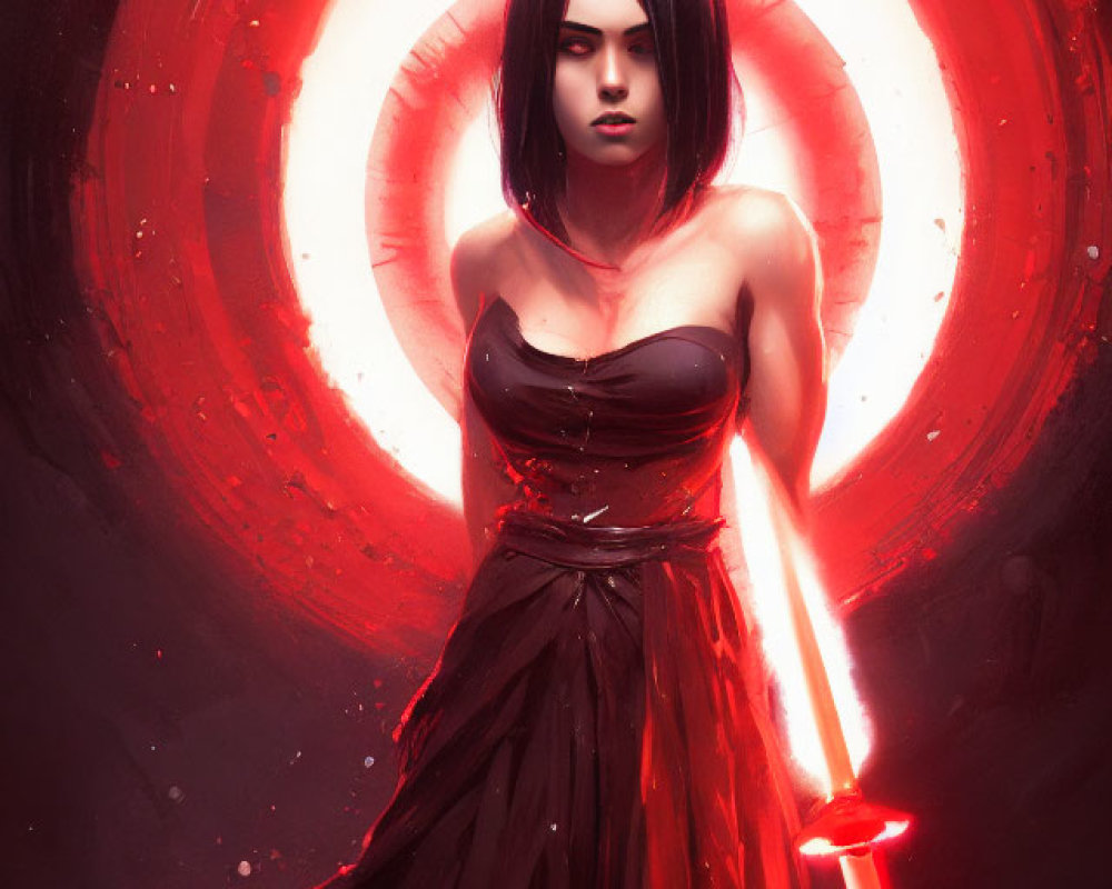 Black-haired woman holding red lightsaber in front of red halo circle.