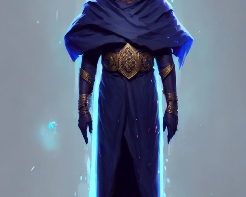 Majestic figure in blue cloak and armor with horned helmet in ethereal setting