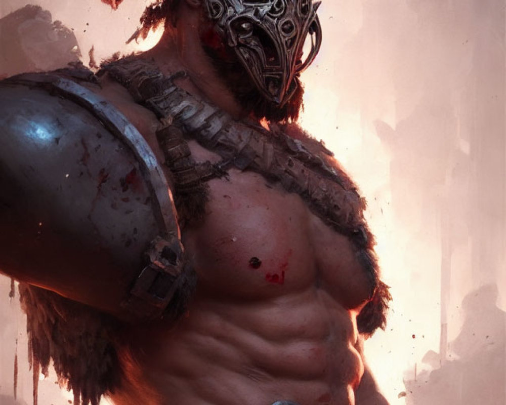 Muscular warrior with tribal markings in detailed mask and shoulder armor in misty, reddish backdrop