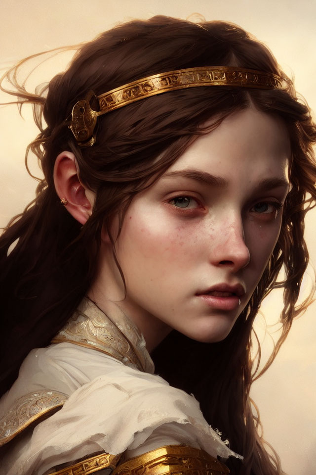 Medieval-themed digital portrait of a young woman with intricate braids and golden circlet.