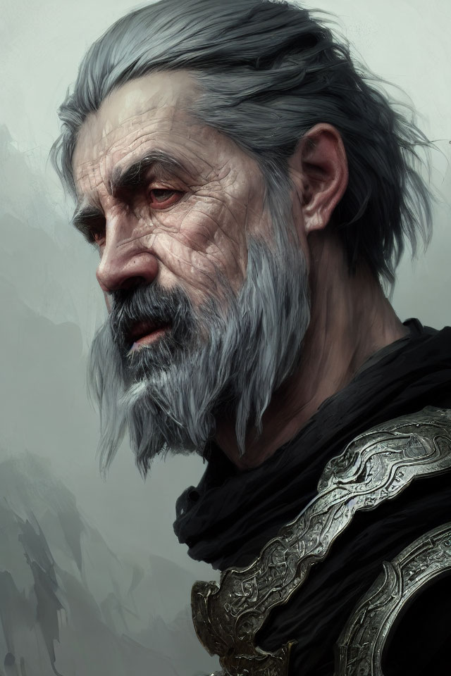 Elderly man in ornate dark armor with gray hair