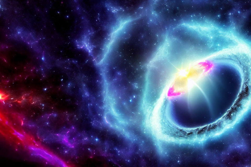 Colorful cosmic scene with central celestial body and swirling galaxies in blue, purple, and pink.