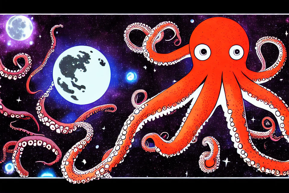 Colorful Space Octopus Illustration with Moon and Stars
