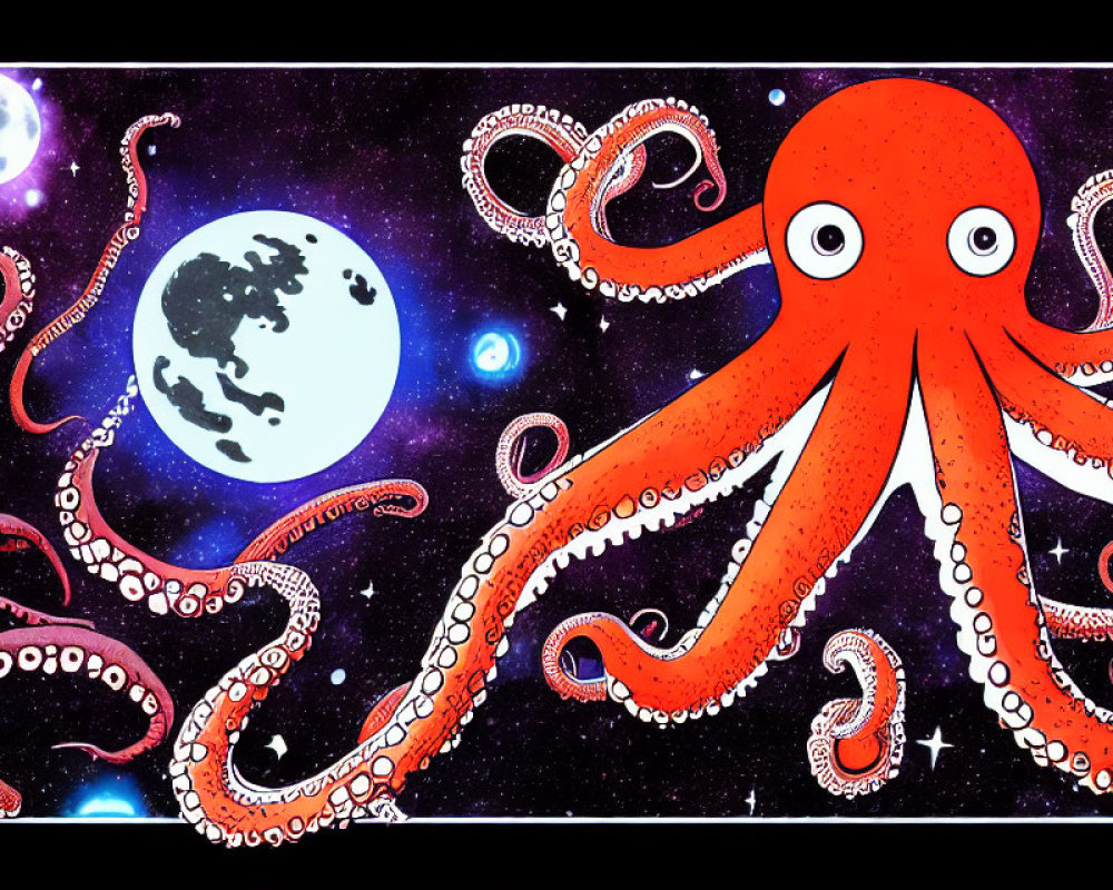 Colorful Space Octopus Illustration with Moon and Stars