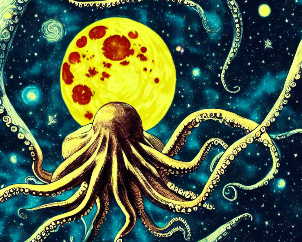 Stylized octopus illustration with cosmic backdrop