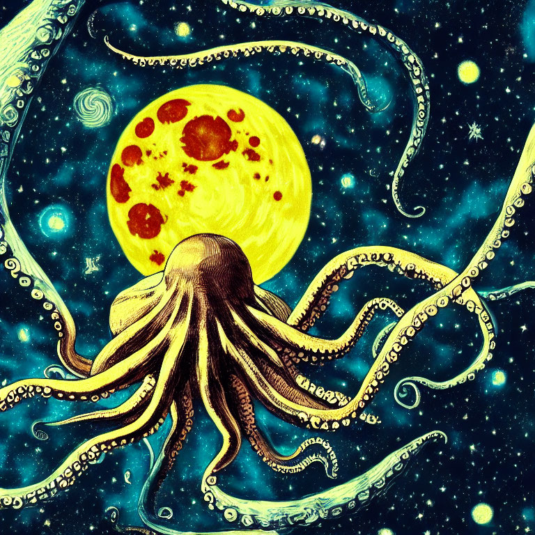 Stylized octopus illustration with cosmic backdrop