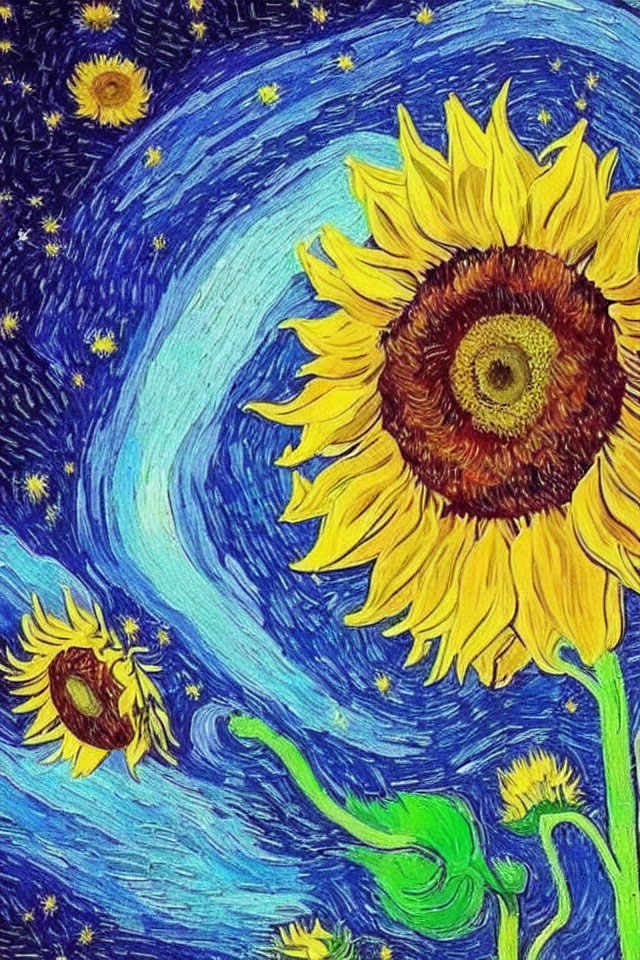 Vibrant painting of sunflowers in Van Gogh style
