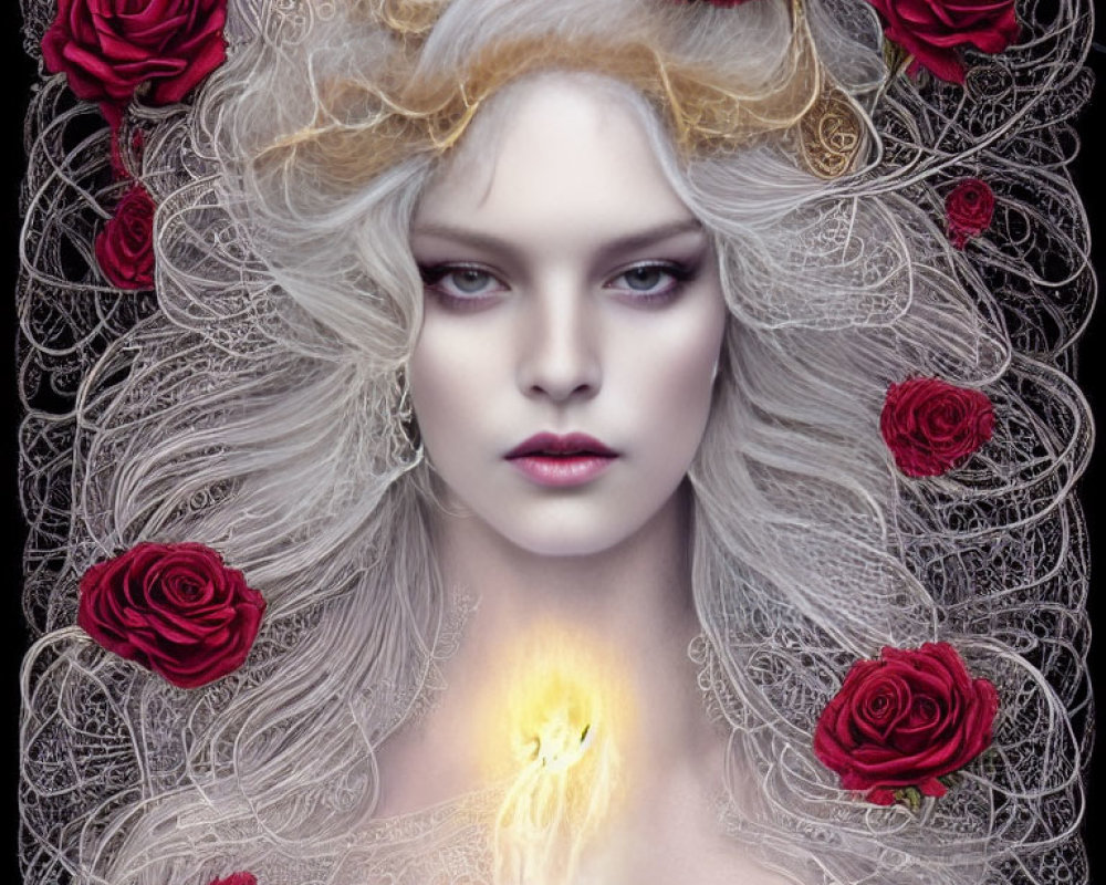 Pale woman with white hair, red roses, lace details, and glowing flame portrait