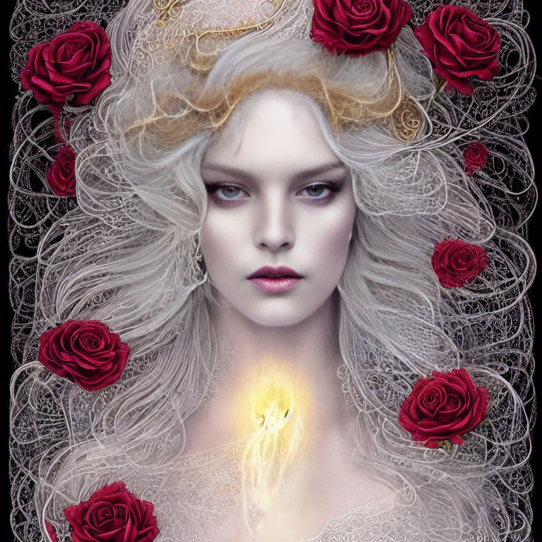 Pale woman with white hair, red roses, lace details, and glowing flame portrait
