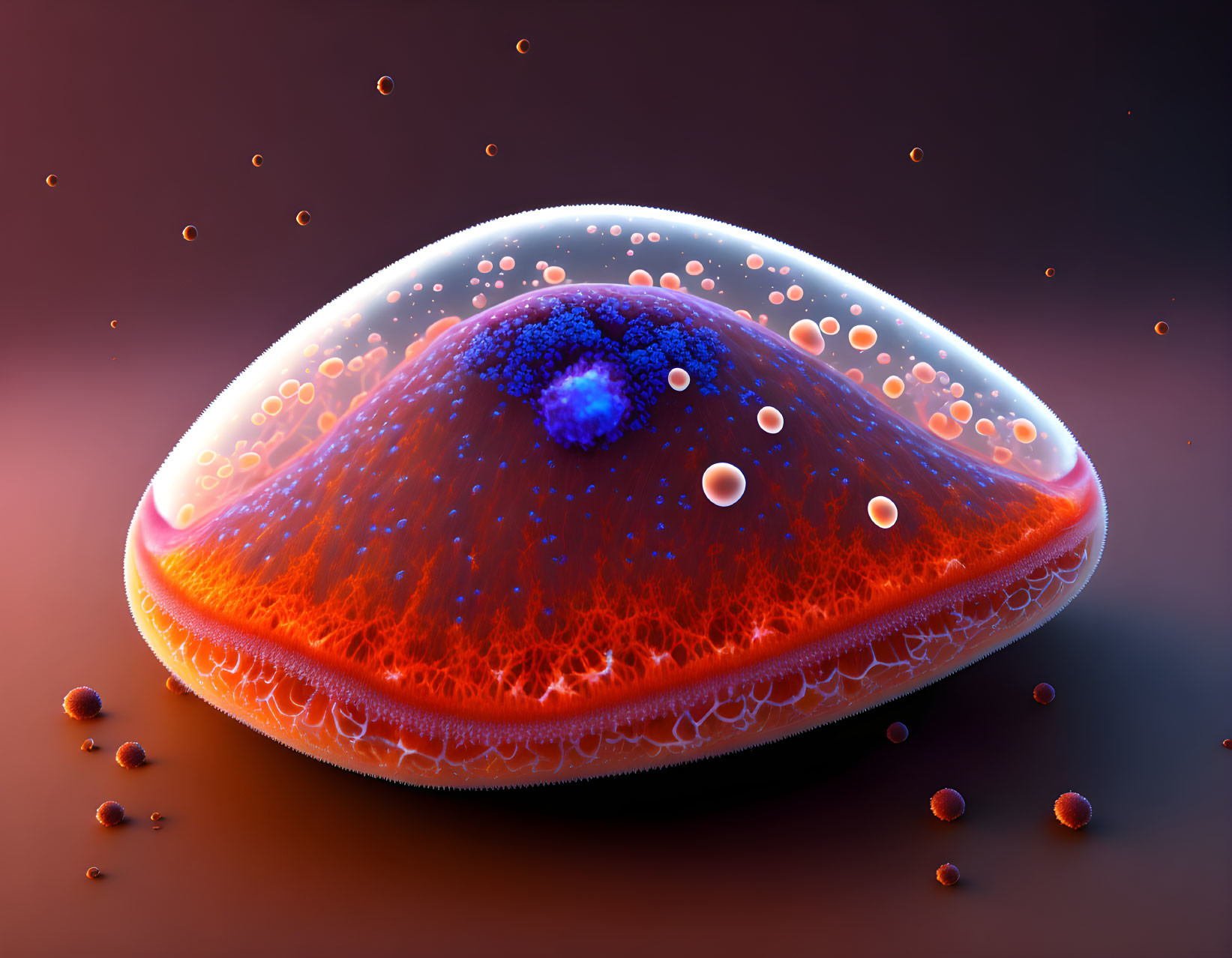 Bioluminescent cell 3D rendering with nucleus and particles
